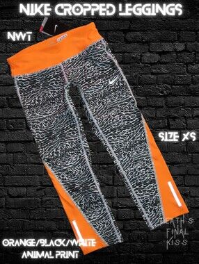 Nike Orange Black Grey Animal Print Cropped Leggings Tights Roller Derby XS